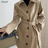 Spring Women PU Leather Long Jacket Slim Split Winkbreaker Trench Coat Pojedynczy Solid Solid z pasem 210430