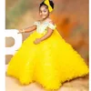 Adorável amarelo casamento flor menina vestidos sheer neck vestido de baile crianças vestidos de festa de aniversário frisado laço criança pageant wears243t