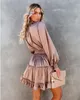 Robe automne tempérament de rue européen américain sexy décontracté col en v couleur unie manches longues sur la taille du genou mince épissage courte femmes dame fille jupe de gâteau plissée
