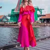 Vestido elegante para mulheres slash pescoço de manga longa alta cintura hit cor bowknot irregular maxi vestidos verão feminino 210531