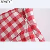 Zevity Women Fashion Red Plaid Print Pleated Bermuda Skirts Shorts Female Chic Side Zipper Casual Pantalone Cortos P1090 210603