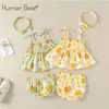 Zomer baby kleding merk mode schattige fruit jurk + slips + hoofd touw toddlergirls kleding 210611