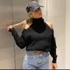 Fall Winter Women Knit Sweater Cut-out Shoulder High Neck Long Sleeves Casual Fashion Women Sweaters Pullovers Tops 210709