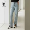 Fansilanen Office Lady 100% coton couleur claire taille haute jeans femmes été fendu droit pantalon ample vêtements 210607
