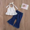 Kids Baby Girls Clothes Sets Summer Halter White Lace Vest +Ripped Bell Bottom Denim Pants Jeans Children Outfits