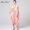 Printemps piste bohême robes femmes col en v manches chauve-souris couleur rayure imprimé décontracté lâche Robe Maxi 210524