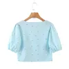 Sommar V-hals Vit Daisy Print Puff Sleeve Single-Breasted Kort Skjorta Skjorta Top Kvinnor Pastoral Style Casual 210508