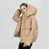 Kış Kadın Faux Deri Yastıklı Kapşonlu Ceket Kalın Sıcak PU Fermuar Ceket Gevşek Boy Parkas Rahat Windbreak Dış Giyim 210430