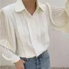 Spring Fashion Creamy-White Plissed Långärmad Blus Kvinnor Lace Shirts Lapel Lady Tops Elegant Top Kvinna 12637 210521