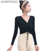 AOSSVIAO Sexy lace up maglia pullover top Moda autunno inverno maglione donna Chic rosa scollo a V maglia sottile maglione pull femme 211007