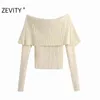 Zevity女性のセクシーなスラッシュネックソリッドカラースリムな編み物セーターフェムメシックなベーシック長袖カジュアルプルオーバーブランドTOPS S477 211120