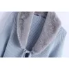 Höst Vinter Kvinnor Sticka Cardigan Kontrast Faux Fur Collar Långärmad Mode Chic Sweater 210709