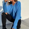 Sonbahar Kış Kazaklar Kazak Kadın Moda V Boyun Katı Renk Uzun Kollu Triko Rahat Boy Jumper Tops Mavi Kazak Y0825