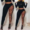 OMSJ est Sexy High Waist Ripped Leggings Women Black Slim Holes Trousers With Gold Chain Pencil Pants Casual Fashion Clothing 210517