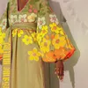 VKBN Summer Sukienka Kobiety Rękaw Puff Drukowanie Żółte Kwiaty Drukowanie z Sashes Loose V-Neck do Party Plus Size Moda Odzież 210507