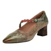 Dress Shoes Pointed Toe Leather Women High Heels Genuine Pumps Handmade Retro Shoe For Gray Mary Jane Embroidery 220303