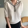 Women T-Shirt Summer Korea Chic Age-Reducing Navy Collar Trim Three Buttons Loose Versatile Short-Sleeved Knit Top 210529