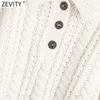 Zevity女性のエレガントなターンダウンカラーカジュアルニットセーターレディースシックなランタンスリーブボタンプルオーバーショートトップスS517 210603