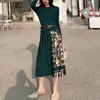 Women Black Green Purple Patchwork Print Pleat Midi Dress Knitted Long Sleeve D1550 210514