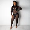 Women's Jumpsuits & Rompers High Quality Leather Bandage Womens Jumpsuit Mesh Lace Sexy Long Sleeve Plus Size Elegant Party Black Overalls