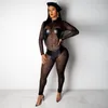 Dames Jumpsuits Rompertjes Hoge Kwaliteit Lederen Bandage Womens Jumpsuit Mesh Kant Sexy Lange Mouw Plus Size Elegante Party Black Overalls