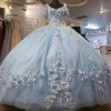 Vestidos de quinceanera azul clara mangas curtas com d floral cristais