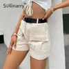 Sollarynne Casual Pure Slim Cargo Pockets Kobiety Kobiety Kobiety z High Street Shorts High Talle Ladies z paskiem 210709