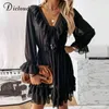 DICLOUD Sexy Lace Women s Party Dress New Year Black Elegant Long Sleeve Ruffle Chiffon Dress Sheer V Neck Ladies Clothing 210322