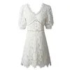French Summer Women's Elegant Slim Hollow Out Party Diamond Beaded Mesh Lace Vintage High Quality Dress Vestido 210603