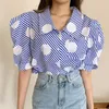 Women's Summer Shirt Korean Retro Polka Dot Striped Lapel Single-breasted Loose All-match Puff Sleeve Female Top PL201 210506