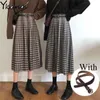 Vintage Plaid Plised Długie Spódnice Zimowe Kobiety Punk Rock Koreański Wełniany Z Pas Streetwear Wysokiej Talii Midi 210421