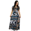 Kobiety z krótkim rękawem Hollow O-Neck Długa Sukienka Lato Kwiatowy Drukuj Wysokiej Talia Elastyczna Elastyczna Boho Robe Maxi Dreses Plus Size Casual Dresse