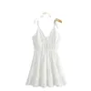 Vintage witte holle v-hals riem jurk vrouwen sexy halter slank stiksels chique vrouwelijke mini-jurk mujer 210507