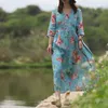 Johnature Women Vintage Print Floral Bandage Dress V-Neck Seven Sleeve Robes Summer Ramie High Quality Female Dress 210521