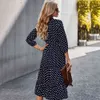 women long dress spring summer cotton Dots Printing Draped V-Neck Ankle-Length with belt Casual Women's Dress 210524