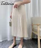 Plised Long Spódnica Kobiety Koreański Styl Spadek Elastyczna Talia Dorywczo Luźne Biuro Lady Ubrania Proste dna Midi 210514