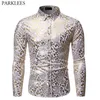 Men's Shiny Gold Paisley Print White Dress Shirts Brand Long Sleeve Nightclub Wear Shirt Male Party Wedding Stage Chemi 210522