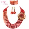 Örhängen Halsband Radiant Röd 6 Rader Afrikanska Nigeriska Bröllopskristallpärlor Halsband Bracelet Bridal Smycken Set WS5085