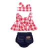 3 pcs criança meninas verão conjunto de roupas de verão crianças casual esporte ternos xadrez contornado t-shirt tops + denim shorts bloomers headbits 210326