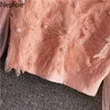 NEPLOE BLUSAS MUJER DE MODA 3D Floral Square Collar Lace Shirt Patchwork Gaze Beading Blouse Sweet Short Blouses Toppar 210422