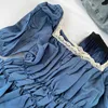 Kimutomo Zarif Tatlı Kız Takım Elbise Dantel Kare Yaka Ince Bluz + Yüksek Bel Vahşi Renk Eşleştirme Bulma Çizgili Pileli Etek 210521