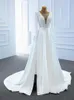 2021 Pearls Long Sleeve Wedding Dresses Princess A-line Satin Boat Neck Corset Back Boho Gowns Bridal Dress Beach Plus Size