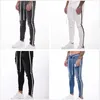 Trendy Men Skinny Jeans Biker Vernietigd Frayed Fit Denim Ripped Broek Side Stripe Potlood Hip Hop Streetwear 210716