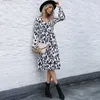 Flare Sleeve Leopard Print Bandage Ruffle V-hals Jurk Dames Casual Losse Temperament Elegante Streetwear Office Lady Jurken 210608