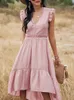 ATUENDO Summer Solid Pink Dress for Women Bohemian Sexy Soft Vita alta Ladies Robe Boho Leisure Wedding Guest Abiti lunghi in seta Y220214