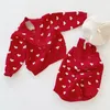 Sonbahar Kış Bebek Bebek Seven Kalp Kız Örgü Uzun Kollu Hırka Ceket + Parantez Tulum Giyim Setleri Çocuklar Suit Giysileri 210521