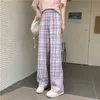 QWEEK Harajuku Korean Style Purple Plaid Pants Women Summer High Waist Checked Wide Leg Pink Trousers For Female Oversized Q0801