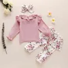 3-24M Spring Autumn Toddler Infant born Baby Girls Clothes Set Flower Pants Ruffles Tops Headband Outfits 210515