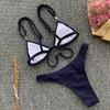 Sexy Marine Blue Bikini 2021 Tanga Badeanzug Frauen Push Up Bading Cowe Backless Summer Beachwear Strapped High Cut Bikini Badeanzug 210319