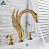 Newly Luxury Gold 3pcs Bathroom Sink Faucet Basin Mixer Tap Swan Style Vessel Faucet 2 Handles238P